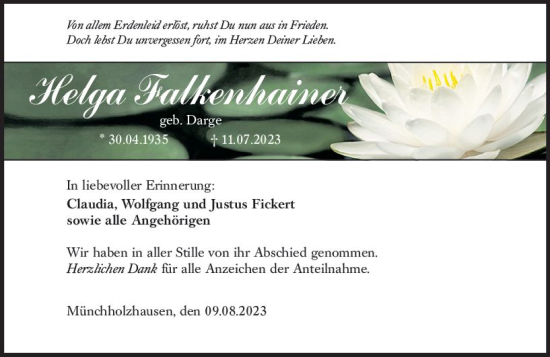 Traueranzeige von Helga Falkenhainer von Wetzlarer Neue Zeitung