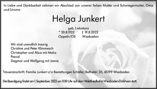 Traueranzeige von Helga Junkert von Wiesbadener Kurier