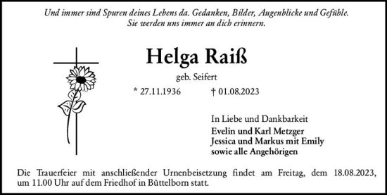 Traueranzeige von Helga Raiß von Groß-Gerauer Echo