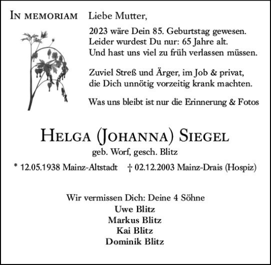 Traueranzeige von Helga Siegel von Allgemeine Zeitung Mainz