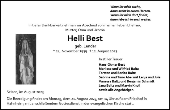 Traueranzeige von Helli Best von Allgemeine Zeitung Mainz