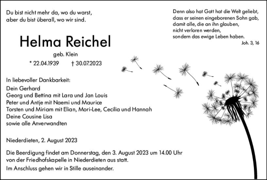 Traueranzeige von Helma Reichel von Hinterländer Anzeiger