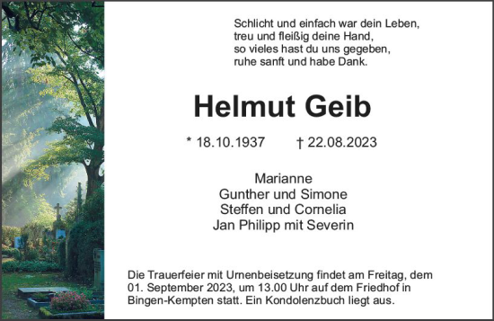Traueranzeige von Helmut Geib von Allgemeine Zeitung Bingen/Ingelheim