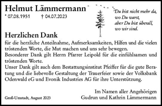 Traueranzeige von Helmut Lämmermann von Darmstädter Echo