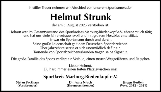 Traueranzeige von Helmut Strunk von Hinterländer Anzeiger
