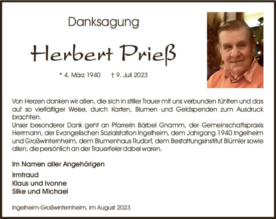 Traueranzeige von Herbert Prieß von Allgemeine Zeitung Bingen/Ingelheim