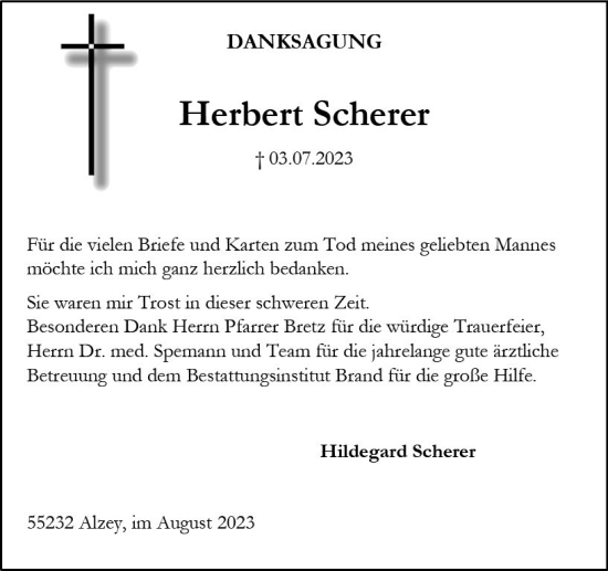 Traueranzeige von Herbert Scherer von Allgemeine Zeitung Alzey