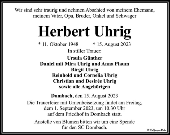 Traueranzeige von Herbert Uhrig von Camberger Anzeiger