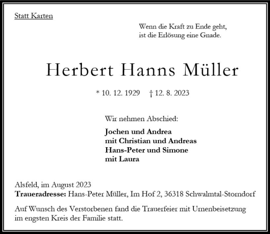 Traueranzeige von Herbert Hanns Müller von Oberhessen Kurier