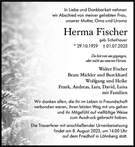 Traueranzeige von Herma Fischer von Weilburger Tageblatt