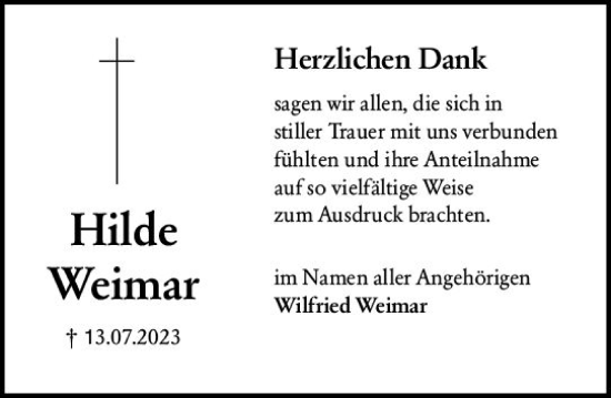 Traueranzeige von Hilde Weimar von Odenwälder Echo