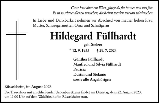 Traueranzeige von Hildegard Füllhardt von Rüsselsheimer Echo