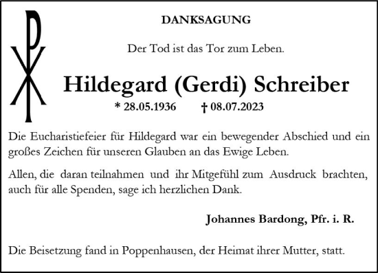 Traueranzeige von Hildegard Schreiber von Allgemeine Zeitung Alzey