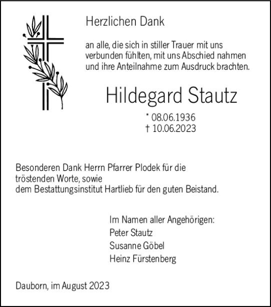 Traueranzeige von Hildegard Stautz von Camberger Anzeiger