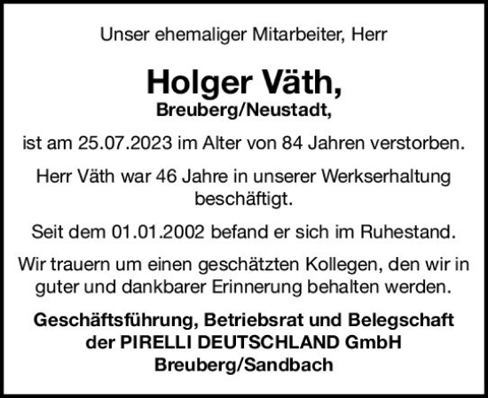 Traueranzeige von Holger Väth von Odenwälder Echo