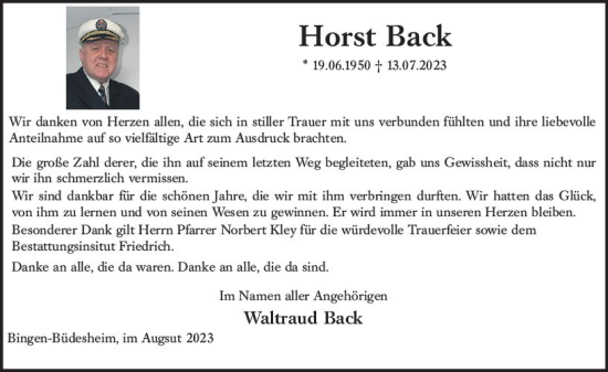 Traueranzeige von Horst Back von Bingen/Ingelheim WOBL inkl. Neue Binger Ztg.