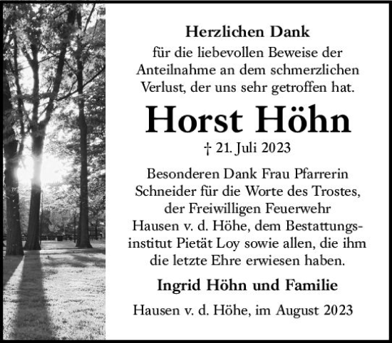 Traueranzeige von Horst Höhn von Wiesbadener Kurier