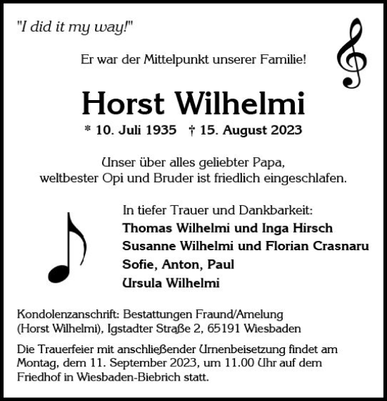 Traueranzeige von Horst Wilhelmi von Wiesbadener Kurier