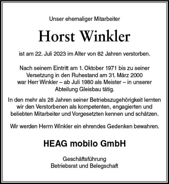 Traueranzeige von Horst Winkler von Darmstädter Echo