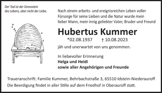 Traueranzeige von Hubertus Kummer von Idsteiner Land/Untertaunus