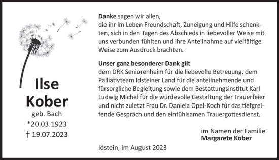 Traueranzeige von Ilse Kober von Idsteiner Land/Untertaunus