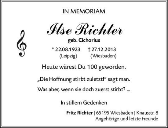 Traueranzeige von Ilse Richter von Wiesbadener Kurier