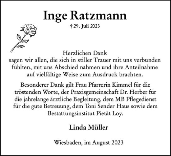 Traueranzeige von Inge Ratzmann von Wiesbadener Kurier
