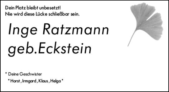Traueranzeige von Inge Ratzmann von Wiesbadener Kurier