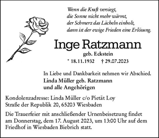 Traueranzeige von Inge Ratzmann von Wiesbadener Kurier