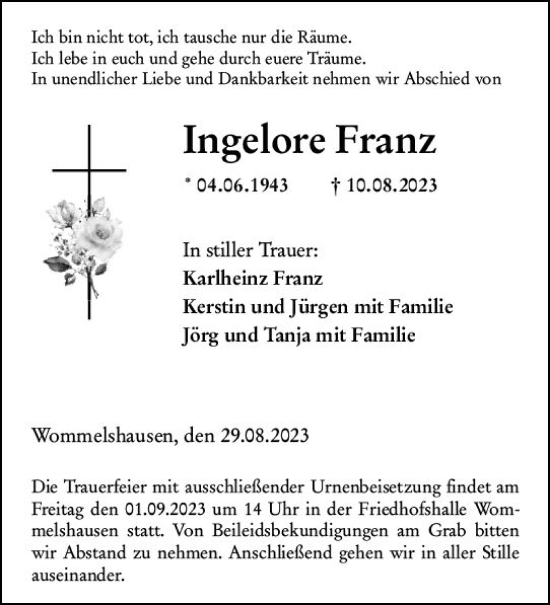 Traueranzeige von Ingelore Franz von Hinterländer Anzeiger
