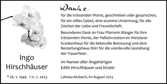 Traueranzeige von Ingo Hirschhäuser von Wetzlarer Neue Zeitung