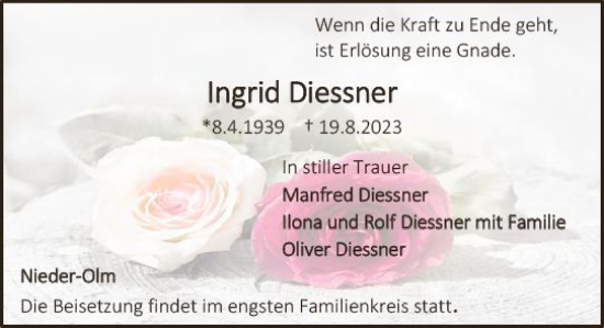 Traueranzeige von Ingrid Diessner von Allgemeine Zeitung Mainz