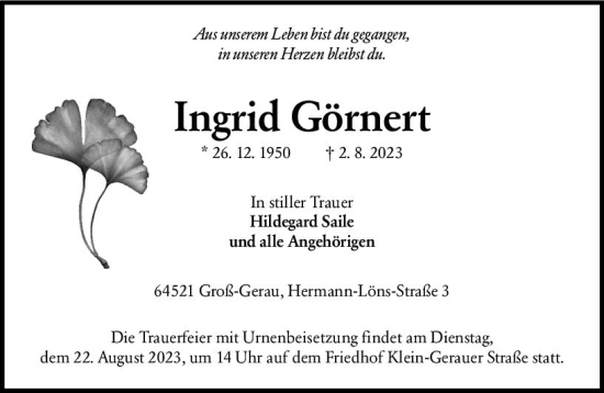 Traueranzeige von Ingrid Görnert von Groß-Gerauer Echo
