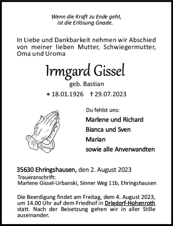 Traueranzeige von Irmgard Gissel von Dill Block