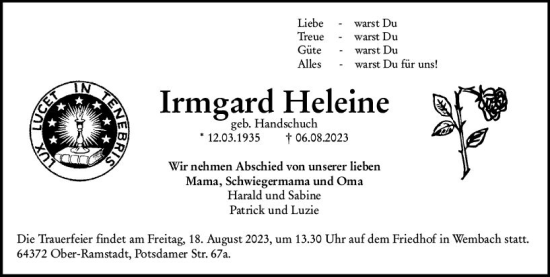 Traueranzeige von Irmgard Heleine von Darmstädter Echo
