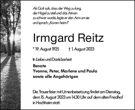 Traueranzeige von Irmgard Reitz von Hochheimer Zeitung