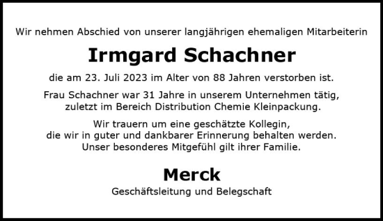 Traueranzeige von Irmgard Schachner von Darmstädter Echo