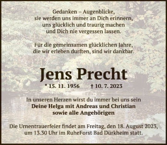 Traueranzeige von Jens Precht von Allgemeine Zeitung Bingen/Ingelheim