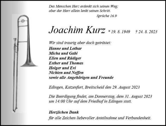 Traueranzeige von Joachim Kurz von Dill Block