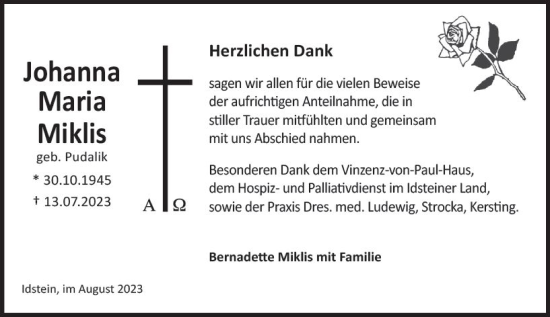 Traueranzeige von Johanna Maria Miklis von Idsteiner Land/Untertaunus