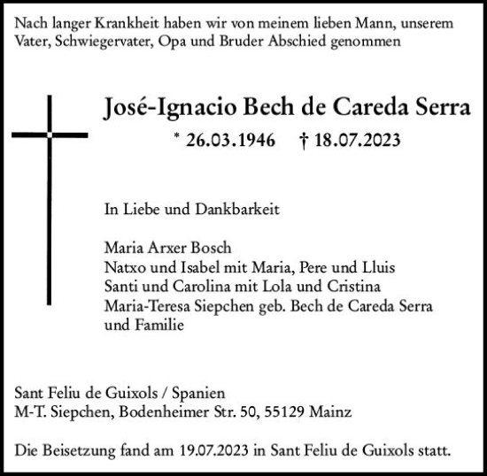 Traueranzeige von Jose-Ignacio Bech de Careda Serra von Allgemeine Zeitung Mainz