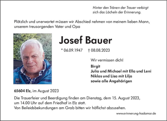 Traueranzeige von Josef Bauer von Nassauische Neue Presse