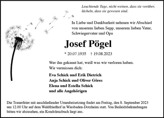 Traueranzeige von Josef Pögel von Wiesbadener Kurier
