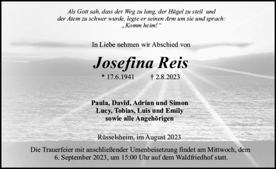 Traueranzeige von Josefina Reis von Rüsselsheimer Echo