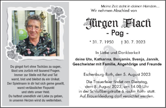 Traueranzeige von Jürgen Flach von Dill Block