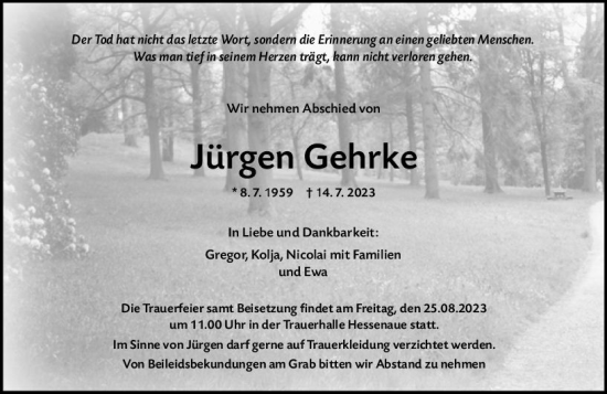Traueranzeige von Jürgen Gehrke von Rüsselsheimer Echo