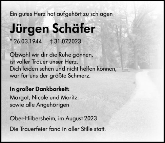 Traueranzeige von Jürgen Schäfer von Allgemeine Zeitung Bingen/Ingelheim