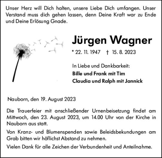 Traueranzeige von Jürgen Wagner von Wetzlarer Neue Zeitung