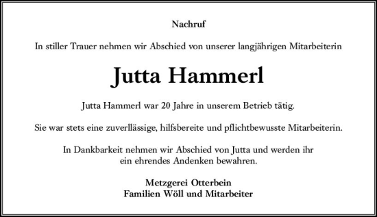 Traueranzeige von Jutta Hammerl von VRM Trauer