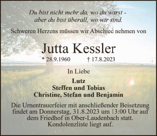 Traueranzeige von Jutta Kessler von Starkenburger Echo